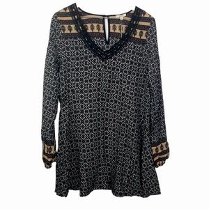 Kori America Black Tan Boho Print Shift Dress Women Sz S Nwt